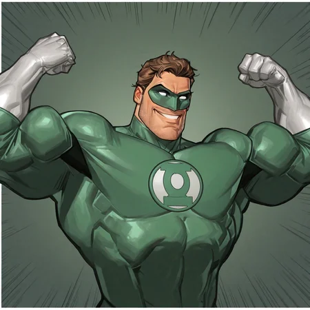 masterpiece, best quality, newest, absurdres, highres, white borders around characters, soft light, BREAK bara, muscular, 1man, male focus, male, male focus, 1boy, GreenLanternOldDC, white sclera, green mask, mouth, short hair, blonde hair, greying hair, eye mask, strong jaw, unshaven face, {{beefy}}, {{muscular}}, {{large}}, close up to face, mouth, flexing muscles, smiling, costume