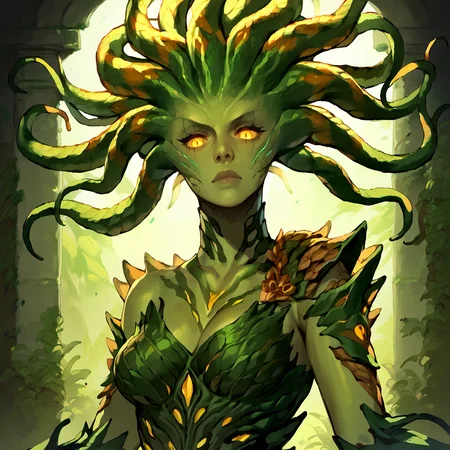 <lora:Vraska_Magic_the_Gathering:1> vraska, solo, 1girl, colored skin, monster girl, yellow eyes, green skin, glowing, plantdress, breasts, snake hair <lora:RD-MAnon-XLV1.1:1> female, source_anime, score_9_up, score_7_up, score_8_up
