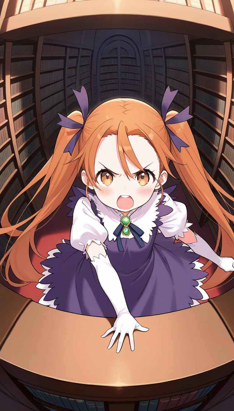 masterpiece, best quality, good quality, <lora:Aliese_Martini_IS:1> Aliese_Martini, 1girl, solo, twintails, long hair, brown eyes, hair ribbon, orange hair, brown hair, short stack,
 1girl, solo, blonde hair, gloves, dress, yellow eyes, elbow gloves, open mouth, ribbon, blush, purple dress, puffy sleeves, looking at viewer, short sleeves, white gloves, angry,
library,