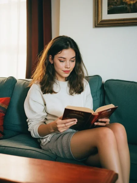 Analog photo of Nellie_LaPlace_P_MXAI_SDXL , wearing comfortable clothes, sitting on a couch, reading a book, shadows, relaxed, elegant,