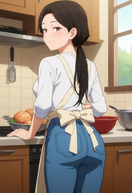 score_9, score_8_up, score_7_up, anime screencap, source_anime, 1girl, solo,
<lora:Acrobatic_Silky_Dandadan_V1:.85>, KJOsilky, black hair, brown eyes, mole under eye, long hair, parted bangs,
low ponytail, jeans, white shirt, white apron,
from behind, looking back, seductive smile, blush, head tilt,
kitchen,
(Beautiful, medium Breasts:1.2), mature female,