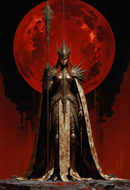 noble charachter, commander charachter, warmonger charachter, wearing shining plate armour, elven silver ornaments, standing upright, holdind a lance, lance is ornate and massive, wearing intricate diadem of elven kingdoms, winged hussar oufit, rich jewelry and gems, noble aura, background is a blood-red sunset and dark skyes, atmoshere of image is epic and deep, The style is ethereal and artistic, soft lighting and shadows, cinematic warm lighting, high elf, female, young, gorgeous, elf, girl, ginger hair, long hair, pale skin, cold gray eyes, cloak is a leopard skin and has fur texture, holds lance, the character is charismatic and fearsome, character is slim and agile warrior