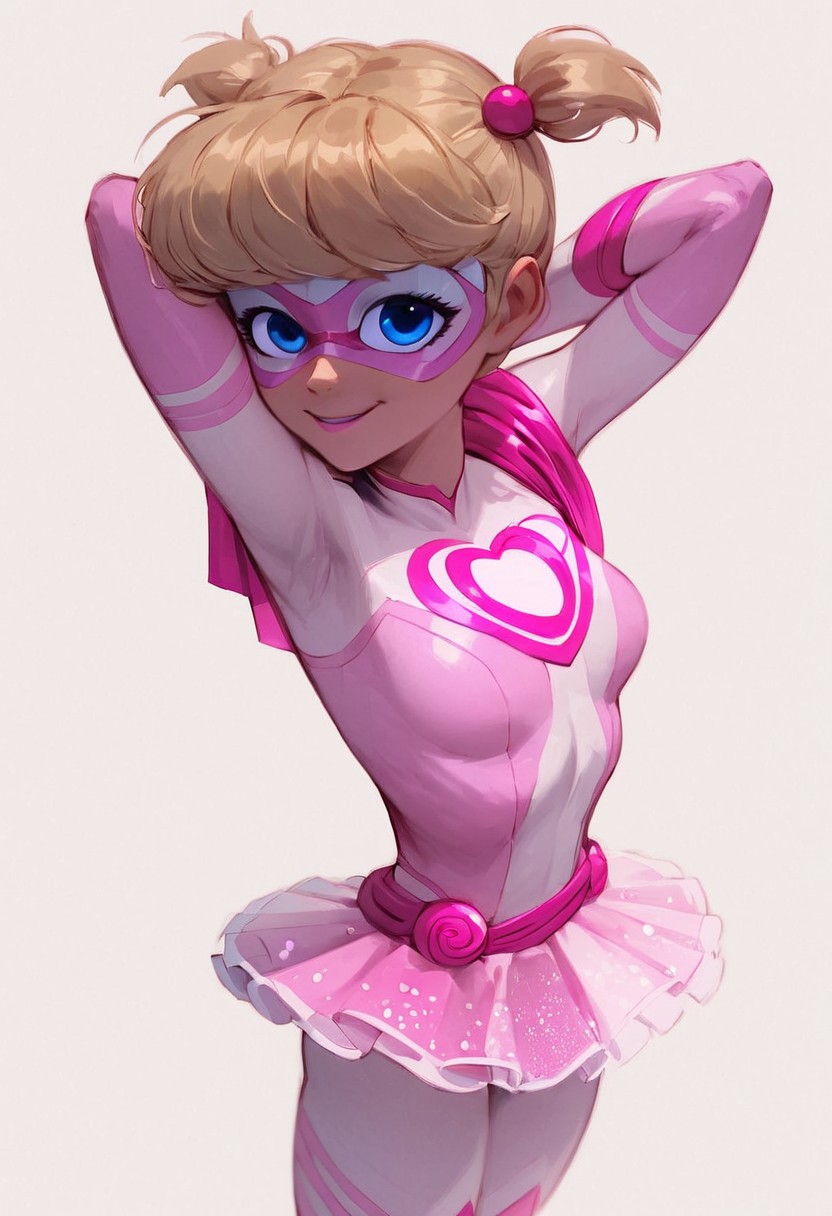 (score_9_up, score_8_up, score_7_up, score_6_up), g0th1c, glowing, Expressiveh, easynegative, high quality, ultra-highres, (Pigella, blonde hair, blue eyes, twintails, short twintails, bangs, pink lipstick, eyelashes, superhero, mask, domino mask, bodysuit, sparkly pink bodysuit, mangeta lines, white V-necked bodysuit, pink skirt, transparent skirt, mini skirt,  white stripes, swirly pattern on her chest, skin tight,), slim waist, wide hips,  view back, ass, looking over shoulder, kind smile BREAK, , glistening pink, white background