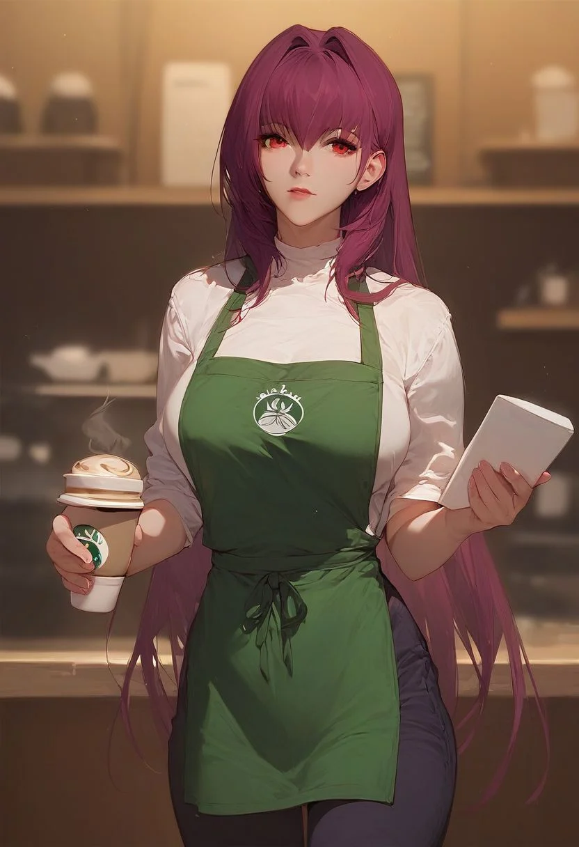 score_9, score_8_up, score_7_up, 1girl, solo, Expressiveh, ultra detailed, scathach, long hair, purple hair, red eyes, starbuni, emblem, green apron, white shirt, black pants, coffee shop, holding tray, serving customer,