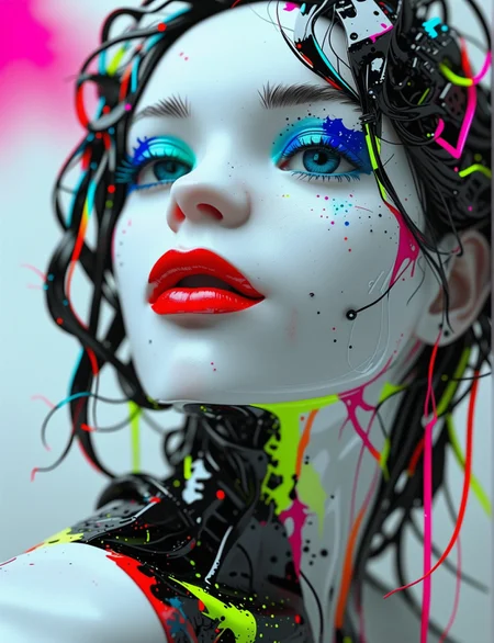 (large shot:1.5),
portrait, octane render, robot, it is Exotic, Overdetailed art, Vaporpunk, Low shutter, contemporary, fine detail, unique, complex artistic color composition, magnificent, complimentary colors, atmosphere, human eyes and lips, deep rich colors, illustrious, dynamic composition, sensual, expressive look, no hair, white ceramic surfaces, looking to the side,in the style of ck-ncr,
<lora:lora:1> reij-incs, silhouette character, black ink, neon colors, colors splash effect, flowing hair,
<lora:Treeroots_0_90_multi2_Handprocessed_V2:0.3> PG-TR,