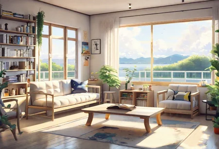 anime-style, modern-style interior, with white walls and large windows, Nordic-style furniture, a  study, Sofa, coffee table, bookcase, single wall, 
warm light morning sun, the view of the city