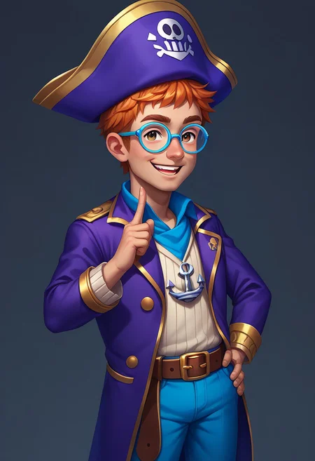 score_9, score_8_up, score_7_up, score_6_up, CasGAC, masterpiece, best quality, detailed eyes, detailed face, perfect eyes, high detailed, absurdres, highres, BREAK 1boy, ((kid, child)), little boy, solo, light ginger hair, smile, teeth, light brown eyes, short hair, pirate costume, purple pirate's hat with red ribbon on the bottom, gold borders on the edges of hat, white anchor in the middle of hat, white and blue striped sweater, purple jacket without sleeves with gold borders on the edges, red bandage on his hips, brown belt with gold buckle, round blue glasses, blue pants, BREAK right-hand hand up with up index finger, points up with his index finger, left hand on his hip, standing, cowboy shot, looking at right, semi-sideways, half-sideways, BREAK simple background, gray background