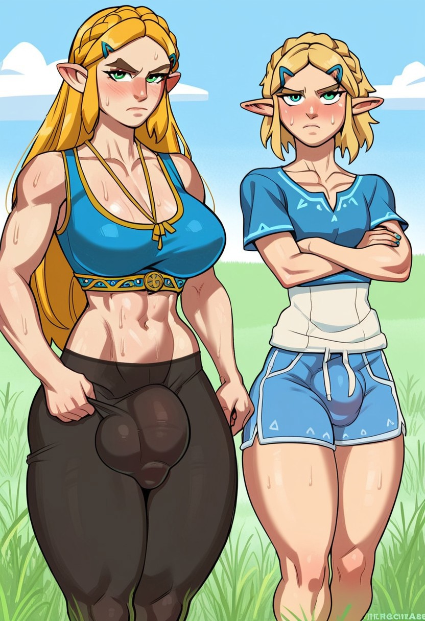 score_9, score_8_up, score_7_up, Zelda from Breath of the Wild, (Sunny, Lush Fields, Grassy setting) futanari, big testicles, girthy penis, penis bulge, large breasts, staring at Sheikah Slate, sweating slightly, bulge in black tights, annoyed face, no blush, looking away from viewer,