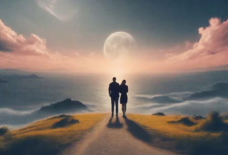 Man woman landscape. full moon   8k , tilt shift,  style surreal