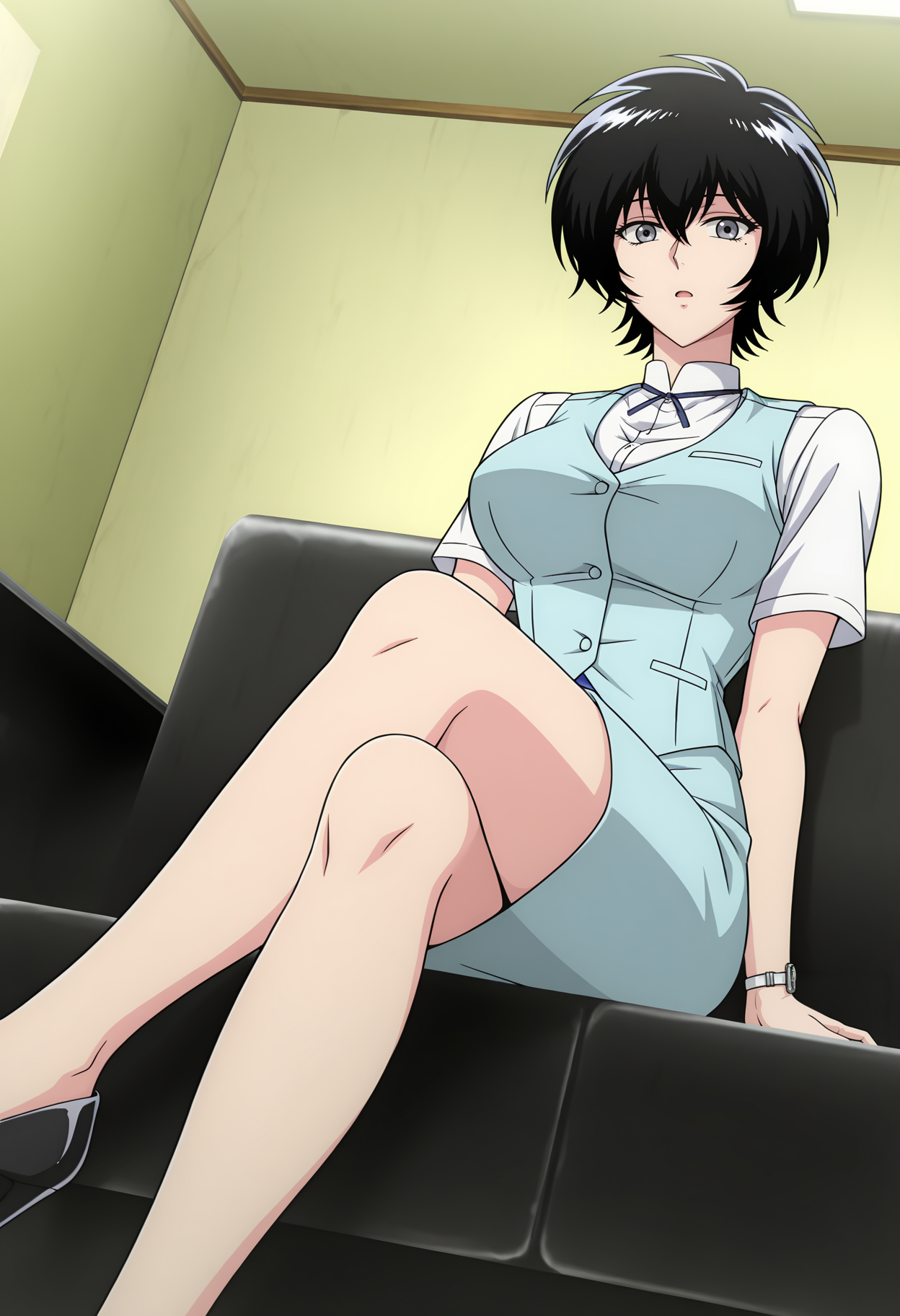 <lora:Reiko Kujirai-000030:1>,
Reiko Kujirai,grey eyes,black hair,mole under eye,short hair,
light blue vest,light blue skirt,white shirt,pencil skirt,
open mouth,breasts,sitting,short sleeves,watch,wristwatch,indoors,1girl,solo,looking at viewer,ribbon,sitting,crossed_legs,black high heels,from_below