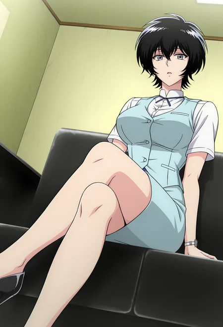 <lora:Reiko Kujirai-000030:1>,
Reiko Kujirai,grey eyes,black hair,mole under eye,short hair,
light blue vest,light blue skirt,white shirt,pencil skirt,
open mouth,breasts,sitting,short sleeves,watch,wristwatch,indoors,1girl,solo,looking at viewer,ribbon,sitting,crossed_legs,black high heels,from_below