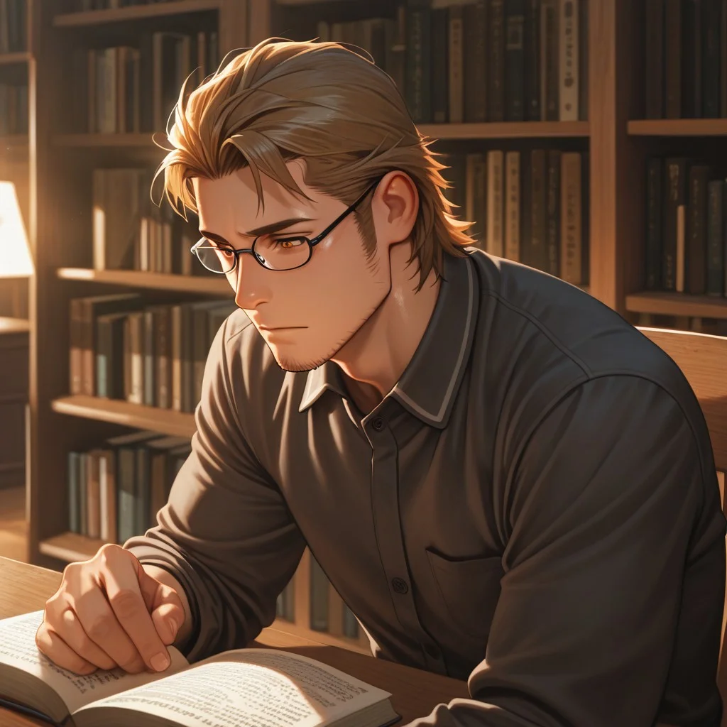 masterpiece, best quality, amazing quality, absurdres, newest, detailed background, definition so sharp, Ultra-HD, 8K cinematic, very awa, impressionate, amazing quality, highres,
solo, male focus, manly, shadow, shiny skin,
ekusoushizumu, ekusou_brunette, ekusou_orange eyes, 1boy, short hair, sideburns, stubble, library, bookshelves, reading, old_books, warm_lighting, cozy_chair, intellectual, calm_atmosphere, quiet, focused, glasses, classic_literature, wooden_desk, study