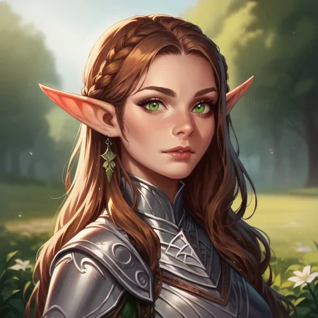 (((detailed, beautiful, high quality))), score_9, score_8_up, score_7_up, upper body, 
elf, pointed ears, 
1 girl, brown hair, long hair, green eyes, silver armor, ear jewelry,
looking at the viewer, posing, 
blurred background, fantasy background,