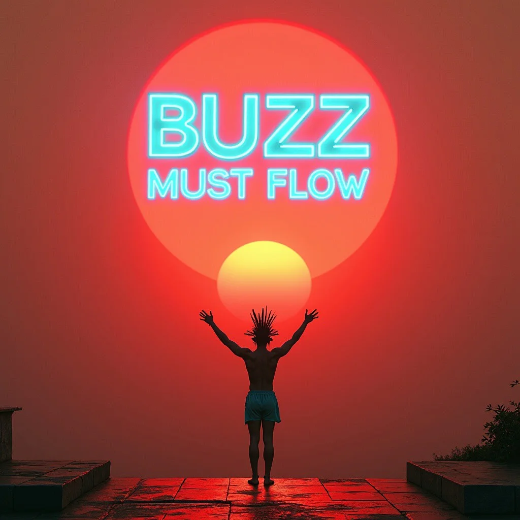 a wide low angle shot of a floating in mid air a huge bioluminescent neon hologram sign labelled "BUZZ MUST FLOW" abvove a cyberpunk aztec priest wearing loin-shirt, turquoise body paint, wearing traditional aztec feather headdress, standing on a platform of an aztec cyberpunk temple at sunrise, rising arms streched arms, worshipping the sun god, in the background the rising sun is a dark bioluminescent red sphere rising just over the horizon, golden hour, hyper realistic, 8k, high resolution movie still from Blade runner movie, orange light sky, dense fog, mist, dawn light ambiant, blazing sunrise sky, nightcity