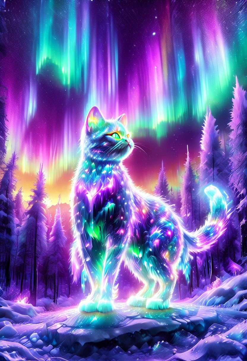 lazympos, morph-aurora, A platinum-tier cat with bioluminescent fur prowls through an aurora-lit crystal forest, prismatic light shards refract through ice formations, glowing celestial patterns dance across its obsidian collar, hyper-detailed fur texture with rainbow iridescence, 8k resolution.