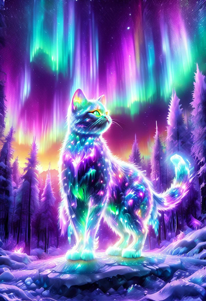 lazympos, morph-aurora, A platinum-tier cat with bioluminescent fur prowls through an aurora-lit crystal forest, prismatic light shards refract through ice formations, glowing celestial patterns dance across its obsidian collar, hyper-detailed fur texture with rainbow iridescence, 8k resolution.