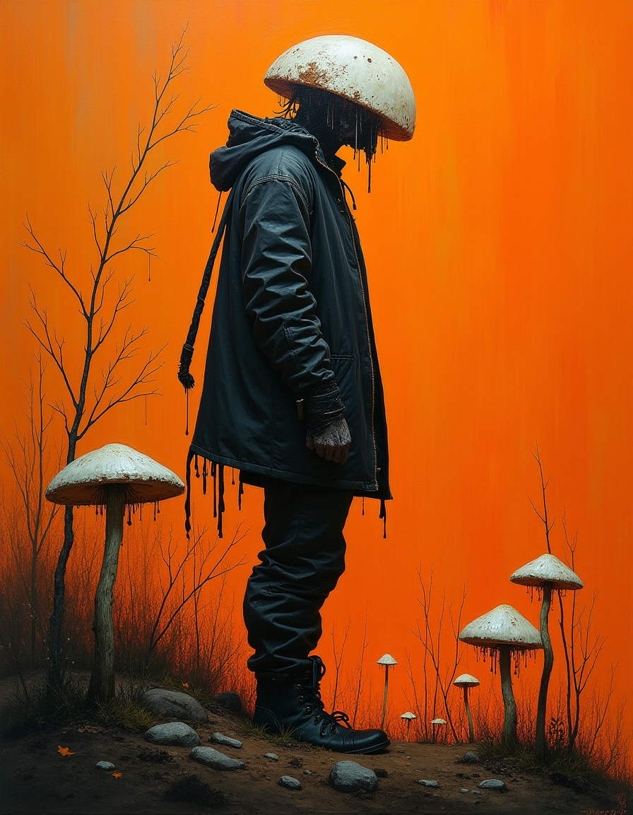 orange white and black , oil painting profile, from the waist up, sharp focus, (biopunk:1.3) and (dark fantasy:0.5) and (retrofuturism:1.1),
(small mushrooms:0.5), mucus dripping.
flat saturated dirt color background, in the style of gerald brom and Joseph Cross.