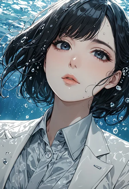 gorgeous lips, cinematic, (masterpiece), (best quality), (ultra-detailed), very aesthetic, illustration, perfect composition, intricate details, absurdres, detailed face, (anime, masterpiece, intricate:1.3), (best quality, hires textures, high detail:1.2), (4k),(incredibly detailed:1.4) (beautiful detailed face, beautiful detailed eyes)
villain, 1woman, dissatisfied
high pointed nose, (nostrils:1.3), no bra, blurry, 22-year-old woman, pale skin,
black eyes, bob black hair, big brests
underwater, office suit, white suit, fish around, top buttons of shirt unbuttoned, jacket open, wet, floats in water, water physics, soaking wet