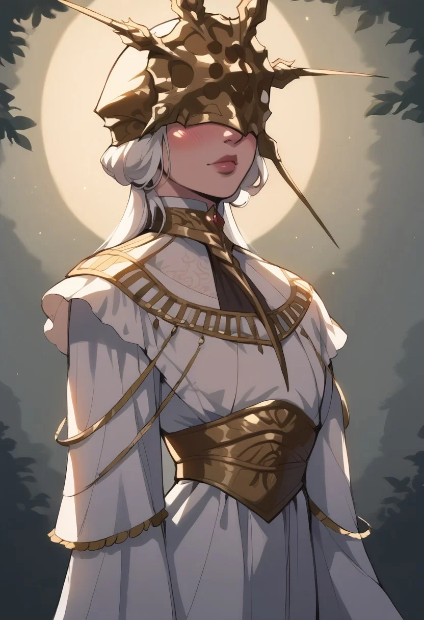 crisp image, score_9, score_8_up, score_7_up, source_anime, (detailed:1.1), Femboy Gwyndolin (Dark Souls), sexy, white thighhighs, , gold jewelry, white dress, long sleeves, gold mask ,flat chest, shiny_skin, white hair,
white dress,long sleeves,, pinup, sexy, 
brake, solo, extreme detail, Masterpiece, Best Quality, beautiful, high res image, rating_explicit,