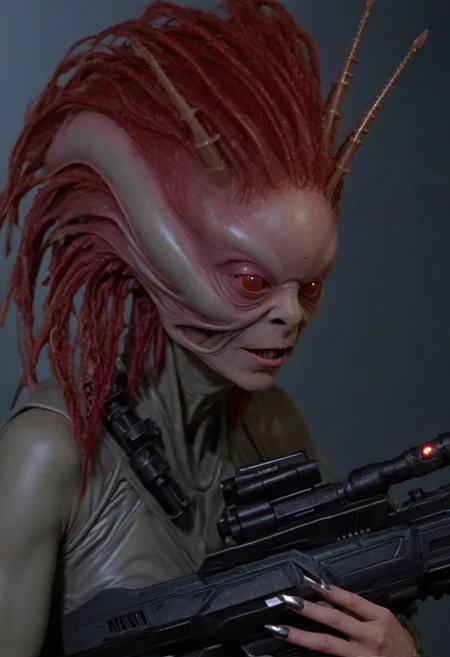 frelling alien, a woman with red hair in short spikes, folding a laser rifle alien makeup, <lora:Frelling_Alien-000007:1.0>