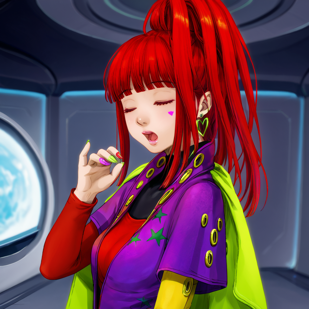 best quality, masterpiece, official artwork, (realistic:0.3), 1girl, solo, sq,  red hair, jewelry, earrings, purple eyes, lips, nail polish, makeup, long hair, ponytail, jacket, dress, spaceship room background, sleepy face, open mouth, closed eyes