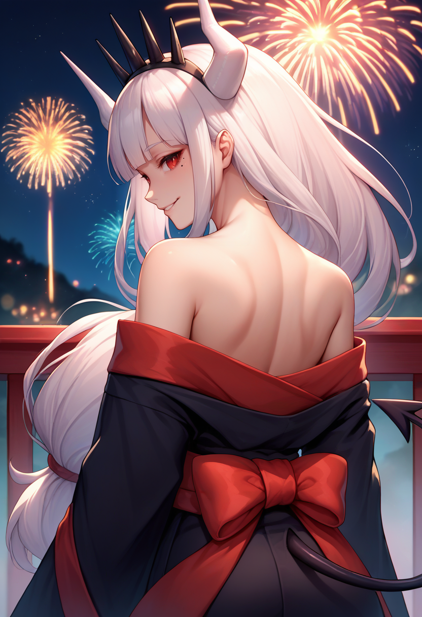 score_9, score_8_up, score_7_up, source_anime, from behind, solo, 1girl, luciferdef, mole under eye, smile, looking back, long hair, crown, white horns, demon horns, black kimono, off shoulder, red sash, demon tail, bare shoulders, fireworks <lora:helltaker_lucifer_ponyXL:1>