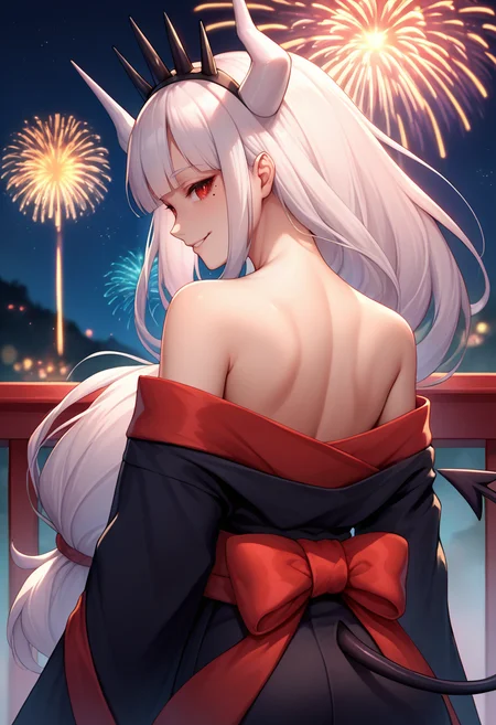 score_9, score_8_up, score_7_up, source_anime, from behind, solo, 1girl, luciferdef, mole under eye, smile, looking back, long hair, crown, white horns, demon horns, black kimono, off shoulder, red sash, demon tail, bare shoulders, fireworks <lora:helltaker_lucifer_ponyXL:1>