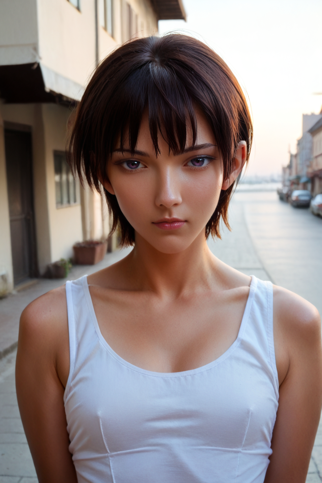<lora:takano_akira_ponyxl_v2:0.75>, (takira:1.2), short hair, dark red hair, brown hair, purple eyes, solo, (half-closed eyes), front view, looking at viewer, young, japanese,
white tank top,
town, gradient sky, ocean, outdoors, building, cityscape,
score_9, score_8_up, score_7_up, masterpiece, best quality, highly detailed, detailed skin, film grain, photo \(medium\), depth of field, (realistic:1.4), (high quality, detailed, beautiful), shiny, detailed beautiful eyes, outstanding, countershading, detailed soft lighting