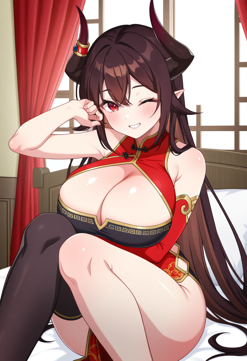 masterpiece, best quality,  1girl, huge breasts, indoors, dragon horns, gloves, hair between eyes, shiny skin, horn ornament, armpits, uneven legwear, looking at viewer, breast hold, cleavage cutout, very long hair, smile, one eye closed, brown hair, sidelocks, dress, knees up, long hair, chinese clothes, arm up, sitting, dragon girl, parted lips, bare shoulders, horns, blush, pillow, thighhighs, grin, pelvic curtain, clothing cutout, on bed, taut dress, window, single elbow glove, black legwear, red eyes, detached sleeves, cleavage, curtains, asymmetrical legwear