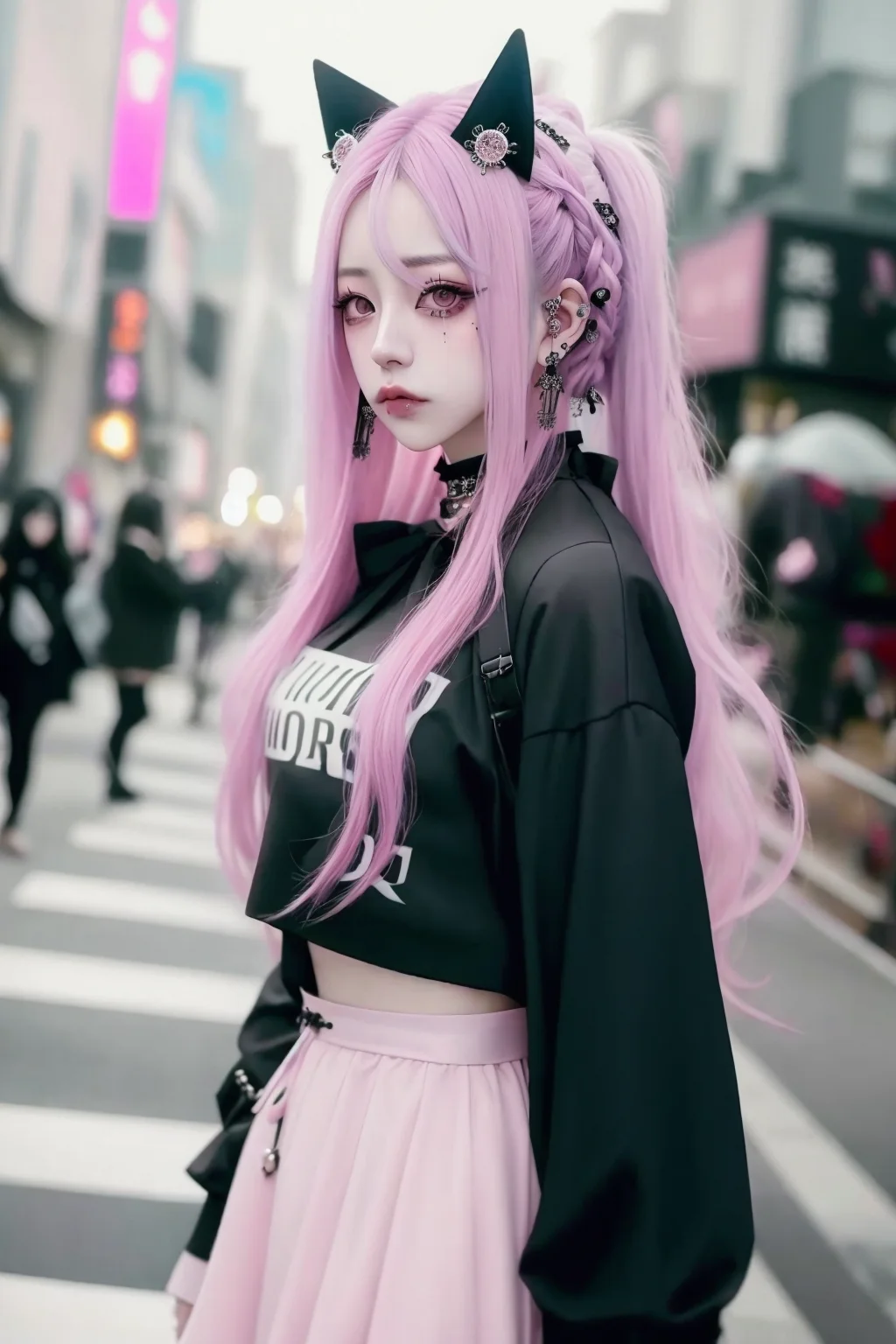 ulzzang-6500-v1.1, Goth_punk, 1girl, solo, long hair, blurry background, pink hair, pink skirt, <lora:Gothpunk:0.6>