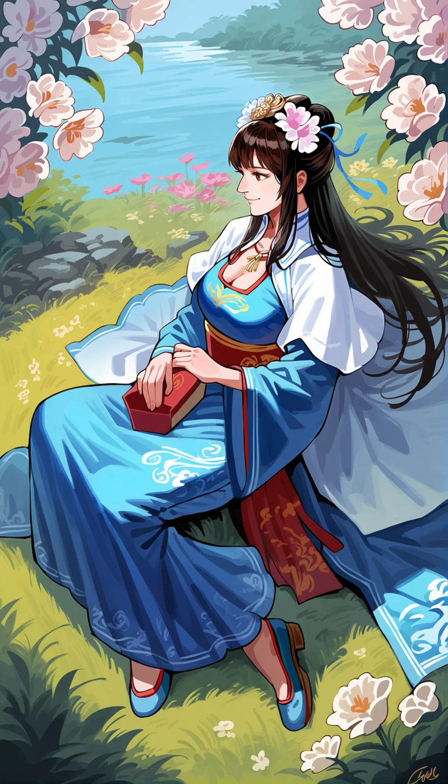 score_9,score_8_up,score_7_up,
<lora:wangyuanji:0.8>,
wangyuanji,1girl,solo,black hair,long hair,bangs,updo,hair ornament,hair flower,brown eyes,looking to the side,smile,chinese clothes,layered blue and white fabric,necklace,blue ribbon,white cape collar,cleavage,long silk skirt,
full bodym
outdoors,flowers,