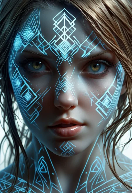 Nordic Rune on girls face, close-up, by Minjae Lee, Carne Griffiths, Emily Kell, Steve McCurry, Geoffroy Thoorens, Aaron Horkey, Jordan Grimmer, Greg Rutkowski, amazing depth, double exposure, surreal, geometric patterns, intricately detailed, bokeh, perfect balanced, deep fine borders, artistic photorealism , smooth, great masterwork by Suiras <lora:add-detail-xl:2> <lora:Double_Exposure:0.5>