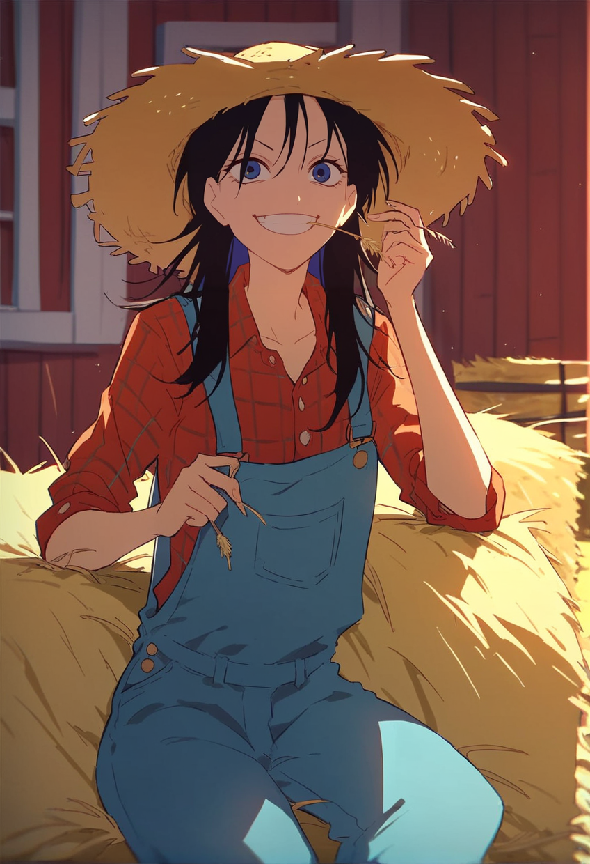 score_9, score_8_up, score_8,
 <lora:Okami_Kororon_for_PonyXL:0.8> 1girl, 0kam1, black hair, solo, long hair, blue eyes, 
flannel button down, jean overalls, straw hat, farmer, barn, hay bales, grin, straw in mouth,