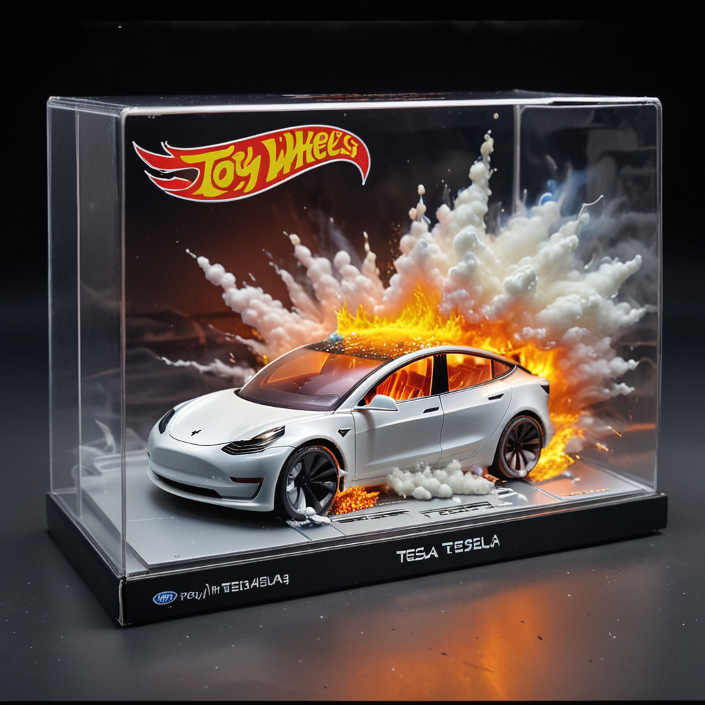Hot Wheels toy car company have made a toy car version of a Tesla Model 3, The toy telsa model 3 car comes in a mini display unit/box. The car is exploding into fire and flames, white smoke fills the top of the display box, (realistic explosion from car), (realistic Flames bellow from the car windows inside the display unit),  (standing next to the car is a little palstic toy man, he holds both arms in the air, <lora:TESLA_TOY_CARS:1>