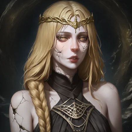 masterpiece, best quality, newest, absurdres, highres, DFCAV1.0, realistic, 1girl, queen marika the eternal (elden ring), bare shoulders, black dress, circlet, gold circlet, cracked skin, halter dress, halterneck, long hair, yellow eyes, braid, braided hair, long braid, blonde, blonde hair,