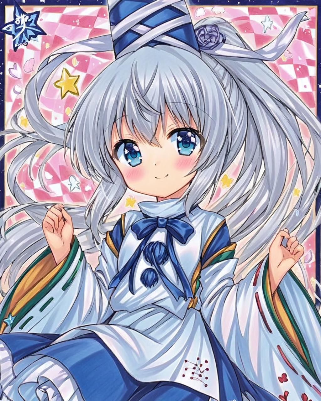 mononobe no futo,1girl, solo, traditional_media, marker_\(medium\), sample_watermark, ponytail, tate_eboshi, smile, checkered_background, kariginu, skirt, wide_sleeves, petals, blush
<lora:mononobe_no_futo_image4909_2023-12-20-000007:1>,star-shaped_pupils,symbol-shaped_pupils,. gorgeous,key visual, vibrant, studio anime,award-winning, professional, highly detailed,high budget, cinemascope