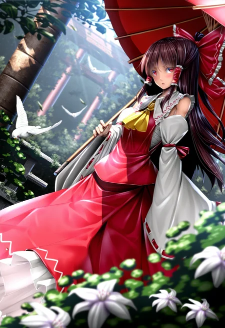 1girl, solo, skirt, brown hair, red eyes, holding, bow, hair bow, outdoors, frills, detached sleeves, wide sleeves, blurry, red bow, ascot, red skirt, bird, umbrella, hair tubes, ribbon trim, nature, long skirt, ribbon-trimmed sleeves, holding umbrella, yellow ascot, oil-paper umbrella, torii, frilled bow, pillar, hakurei reimu, ryosios <lora:ryosios:1>