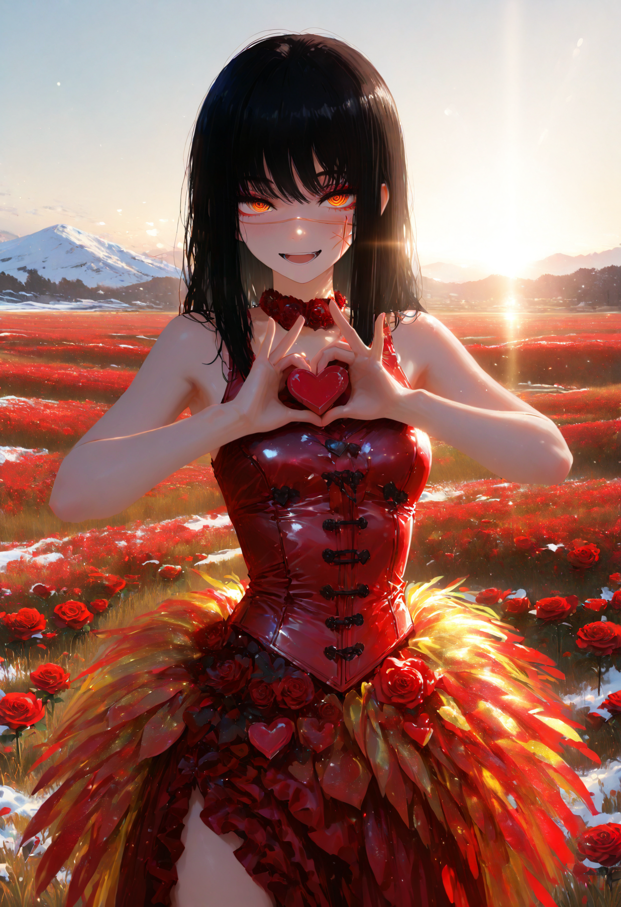 SFW,HDR, 8K, high contrast, high resolution, ultra-detailed,masterpiece, best quality, amazing quality, very aesthetic, absurdres, (scenery, volumetric lighting), newest, depth of field,cowboy shot,solo, yoru \(chainsaw man\), chainsaw man, 1girl, ringed eyes, red eyes, yellow eyes, long hair, black hair, scar on cheek, cross scar,,flowing skirt with asymmetrical layers, paired with a snug, sleeveless top crafted from breathable mesh, demonstrating her lively samba routine,eyeliner,love hearts,valentine,heart-shaped chocolate,happy,roses,sunlight, snow,slovakia, urban, field,"^o^",penetration_gesture  ,masterpiece, best quality, amazing quality, very aesthetic, absurdres, (scenery, volumetric lighting), newest,depth of field , <lora:ValentineNatureStyle:1> ValentineNatureStyle, <lora:748cmSDXL:0.7> 748cmstyle, <lora:haiz_ai_illu:0.3> haiz_ai, no lineart,no outline,   <lora:ç»ªå¿ åæ¶æå¾åå½±è´¨æå¢å¼ºV3:0.5> XUER guangying, <lora:ral-vltne:0.8> ral-vltne,