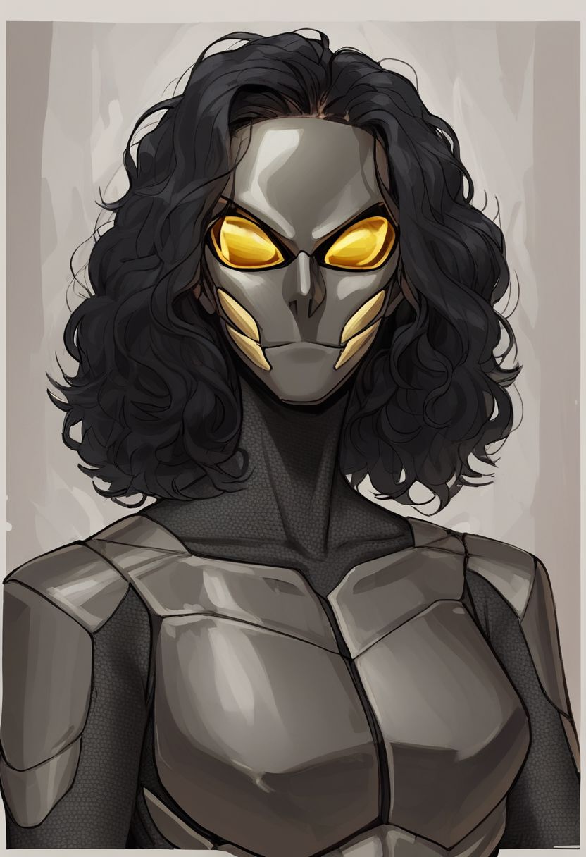 score_9, score_8_up, score_8, rating_explicit,naturalism, hyperrealistic, looking at viewer, masterpiece, solo, upper body focus,score_7_up, close-up, 1 girl, solo, massive girl, tall, supervillain, skitter black and grey bodysuit, skitter full face mask, tactical black full-face mask with yellow lenses, face focus, long black hair, (mandibles)