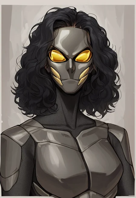 score_9, score_8_up, score_8, rating_explicit,naturalism, hyperrealistic, looking at viewer, masterpiece, solo, upper body focus,score_7_up, close-up, 1 girl, solo, massive girl, tall, supervillain, skitter black and grey bodysuit, skitter full face mask, tactical black full-face mask with yellow lenses, face focus, long black hair, (mandibles)