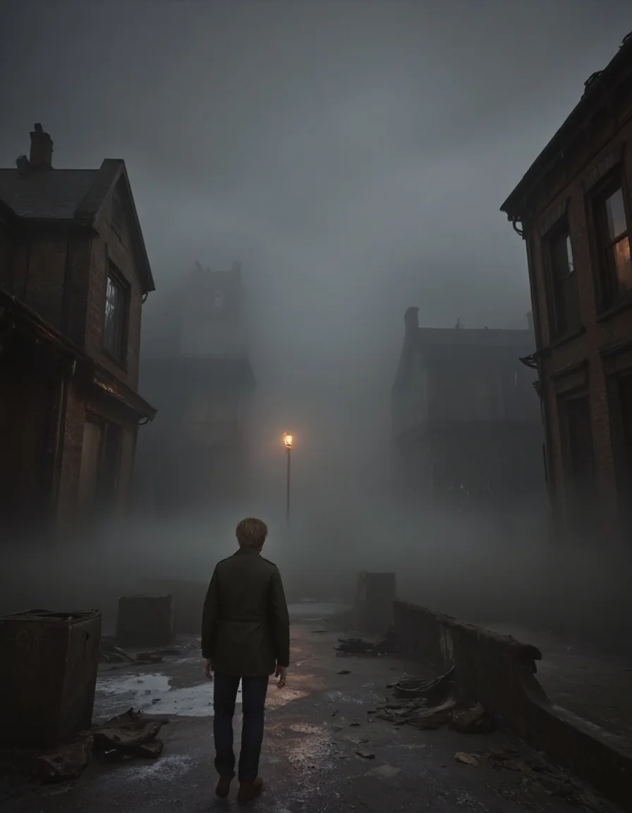 DSCF0001-9999.JPG, Sil_Hill_RE_STYLE, This image is a dark, moody CGI rendering in a horror-themed setting, from the game Silent Hill, depicting fog-shrouded streets of the town at dusk. The dense mist wraps around decaying buildings, while distant sirens echo ominously. A faint light flickers in a shattered window of a nearby building, offering a chilling contrast to the surrounding desolation. The eerie silence is interrupted only by shadowy figures barely visible in the fog.
