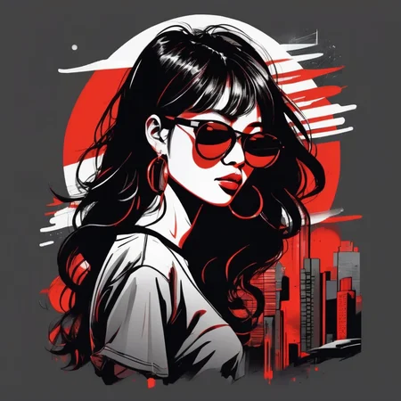 Fashionable T-shirt, Super Attractive Asian Female Characters, Urban Nightlife Landscape, Bold Red and Black Color Palette, Silky Hair Texture, Contemporary Illustration Style, Glamorous Perspective
 TshirtDesignAF<lora:TshirtDesignAF:1>