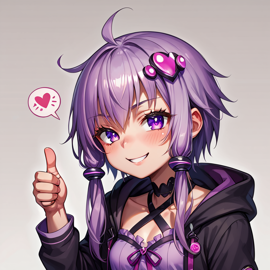 score_9, score_8_up, score_7_up, source_anime, BREAK
<lora:YuzukiYukari_MMD_V1:0.9> yuzuki yukari, purple eyes, small breasts,  
short hair with long locks, purple hair, hair ornament,
black criss-cross halter, purple dress, purple thighhighs, black jacket, hooded jacket, long sleeves, 
silver background, simple bacground,,
smile, looking at viewer,  ((Thumbs up:1.5)),upper body,Heart speech bubble