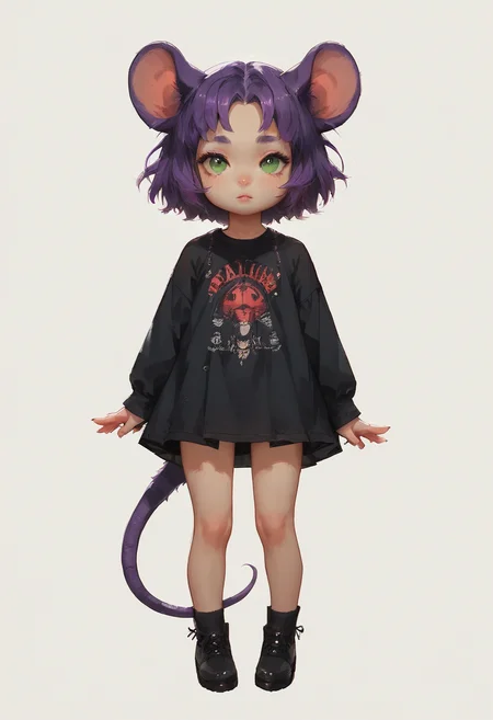 score_9,score_8_up,score_7_up,very aesthetic ,1mouse girl,forehead ,short stack girl, cute, pretty, petite, ,simple background, full body , tail,
un (short hair, two sides up, purple hair, green eyes) <lora:LenaPonyV1:0.45>
<lora:Expressive_H:0.8> <lora:g0th1cPXL:0.8>