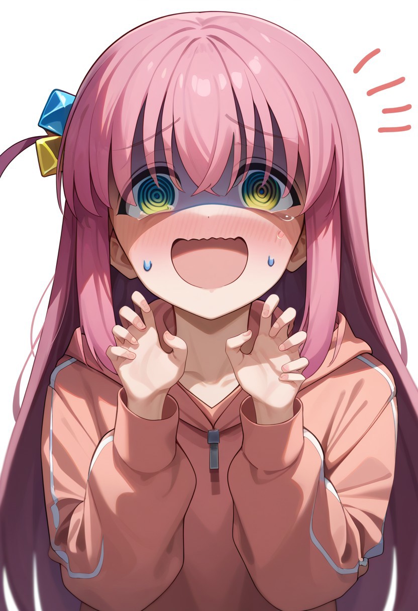 score_9, score_8_up, score_7_up,
1girl, solo, bocchi_(bocchi_the_rock!), shy pose, nervous, laugh, blush, @_@, looking at viewer, simple background,