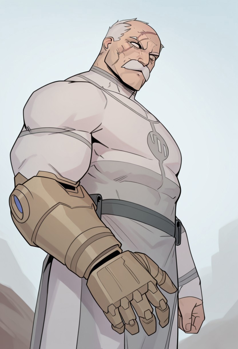 masterpiece, best quality, newest, absurdres, highres, arbuz_budesh,, 1boy, Conquest-ISV-V1.0 old man, white hair, mustache, facial hair, scar, blind eye, single mechanical arm,
