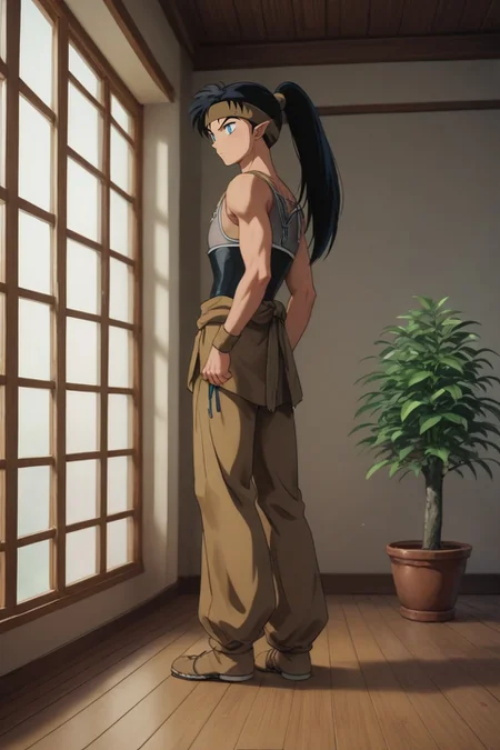 score_9, score_8_up, score_7_up, source_anime, rating_safe, , (realistic:0.6), , depth of field, 1boy, solo, male focus, <lora:kouga_inuyasha_pony:1>, kouga_inuyasha, black hair, blue eyes, long hair, ponytail, pointy ears, headband, , from afar, full body, living room, plant, midnight, leaning back, sparkling eyes, , <lora:sdxl_lightning_8step_lora:1>