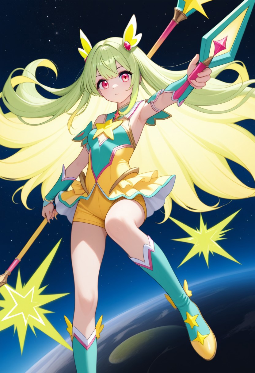 score_9, LimeChan, magical girl outfit, magical power, flying in space, staff weapon