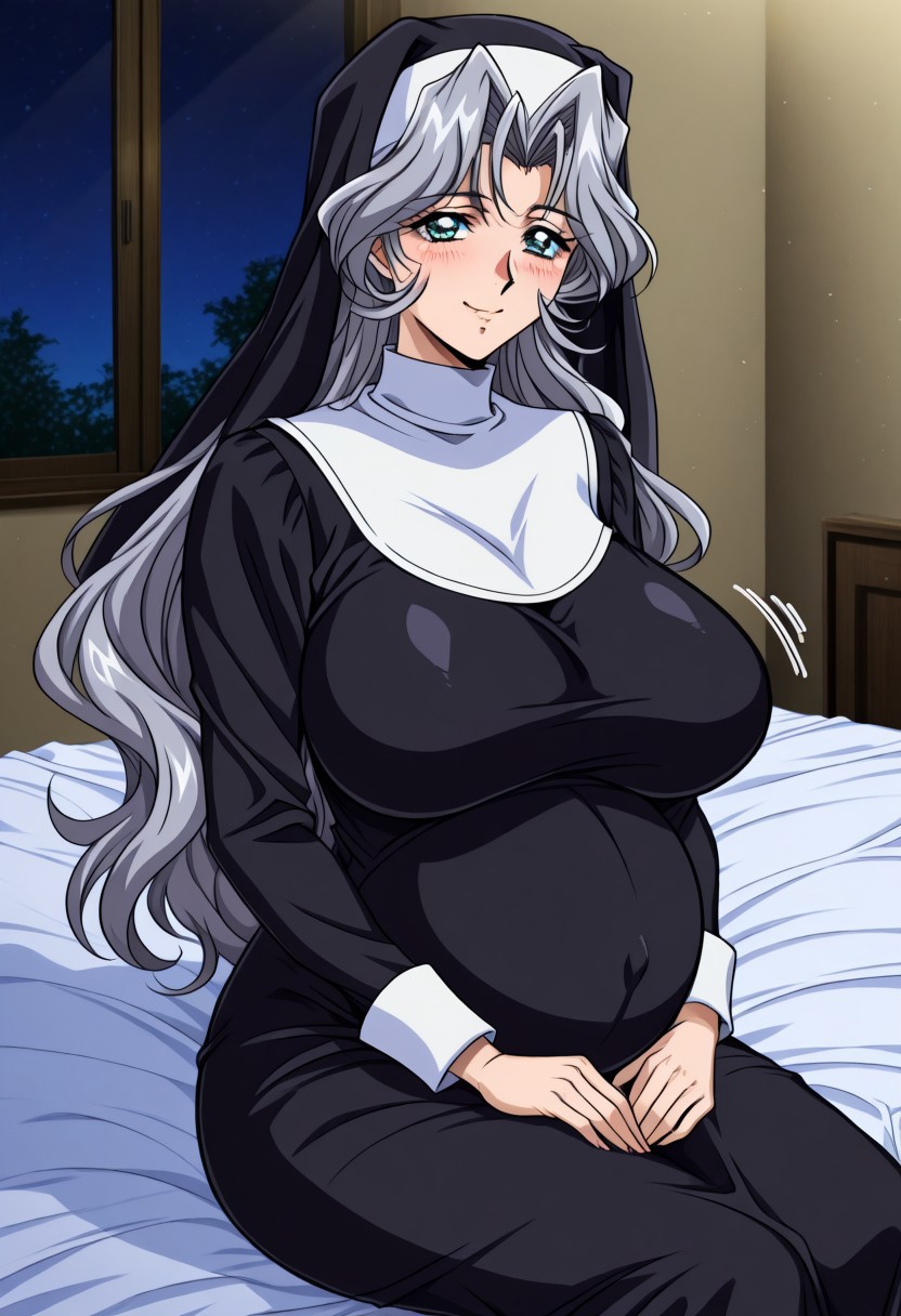 masterpiece, best quality, newest, highres, uncensored, 1girl, yokota mamoru style,
1girl,slender face,motion lines,1990s (style) 
Kate Andou,Grey Hair, Waist Length Hair,long Hair, Wavy Hair,Green Eyes,Big Breast Sizes, 
1girl, pregnant, solo, long hair, blue eyes, smile, blush, nun dress, bed, big belly, sitting, night, looking at viewer, huge breasts