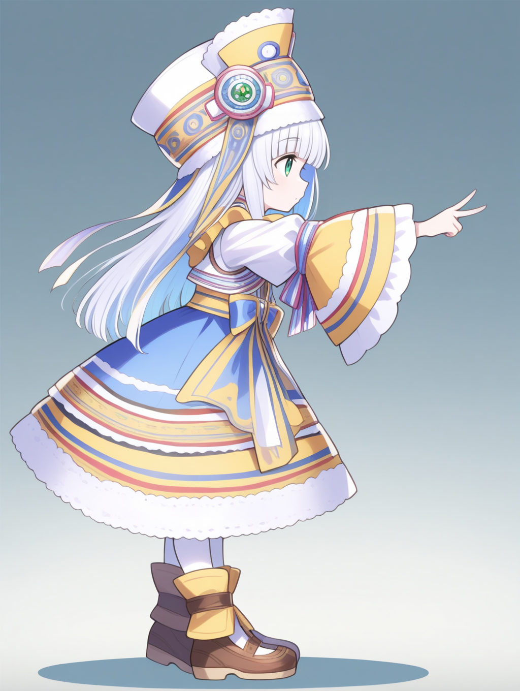 perfect quality,best quality,absolutely eye-catching,ambient occlusion,raytracing BREAK
1girl,<lora:riria IL v1.1:0.9>,riria,white hair,green eyes,long hair,hat,dress,lace trim,wide sleeves,long sleeves,shoes,ribbon,whie pantyhose,, from side,profile,standing,v,stretch,knees_to_chest,